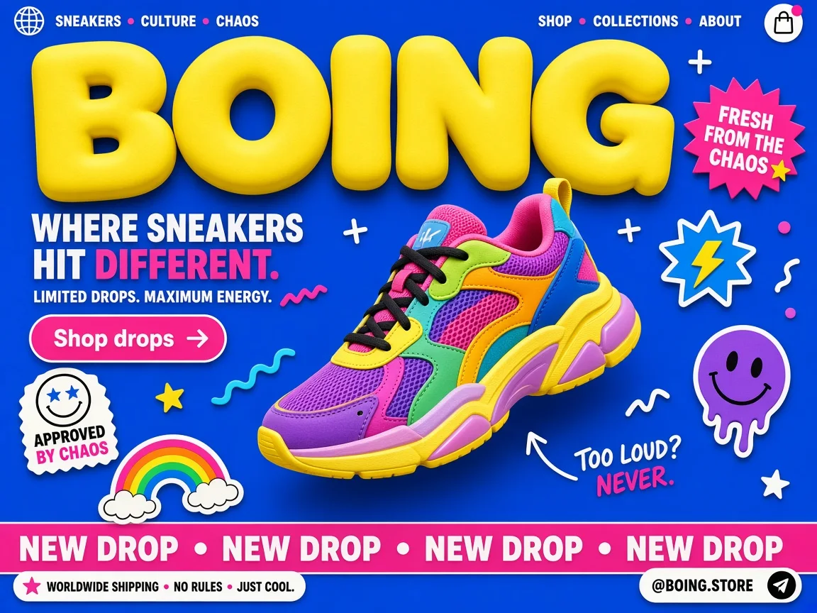 The home page of Boing, a sneakers store made with Photon Stores
